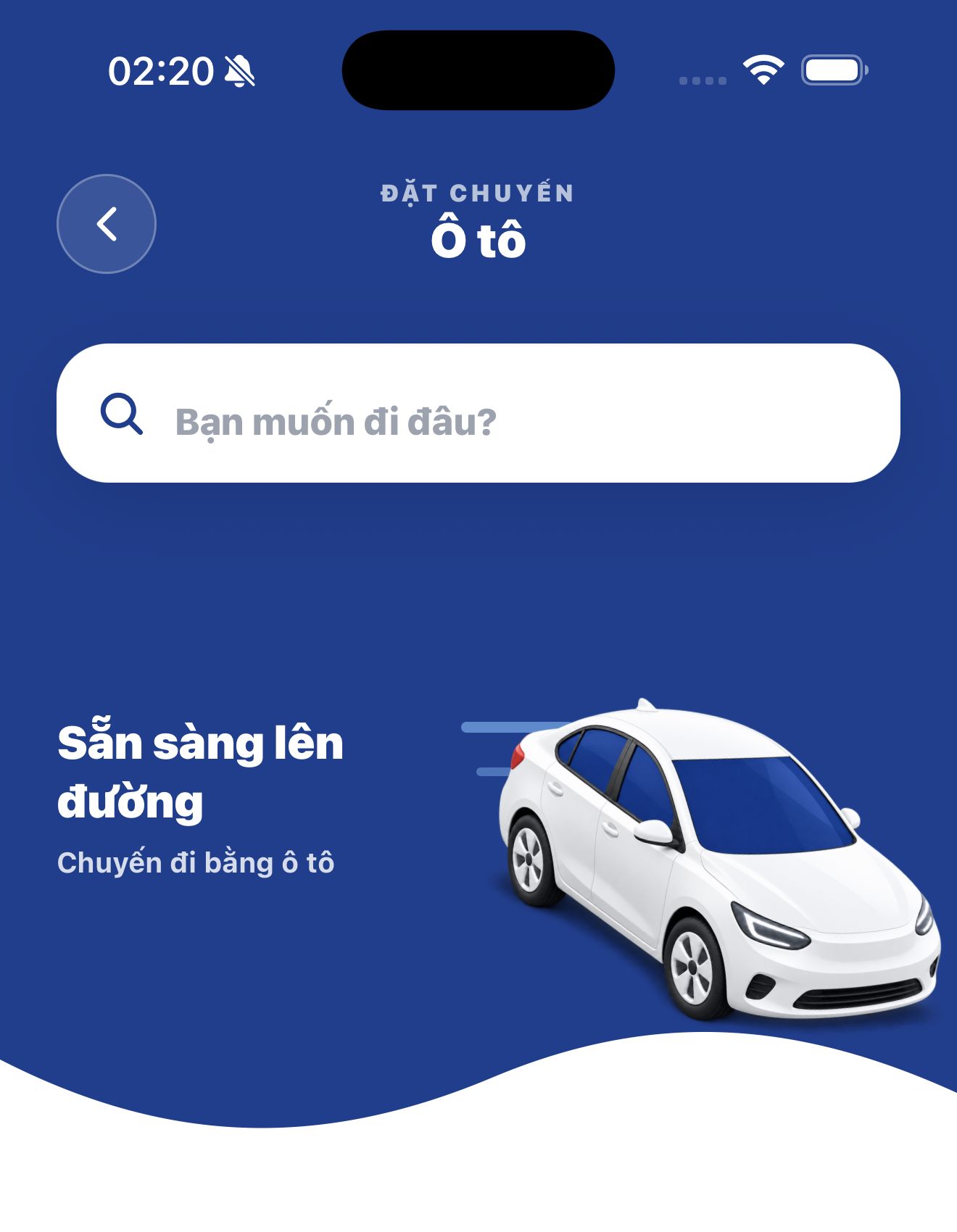 Phần đặt chuyến ô tô trên iPhone với tông xanh Turbo và hình ô tô 3D