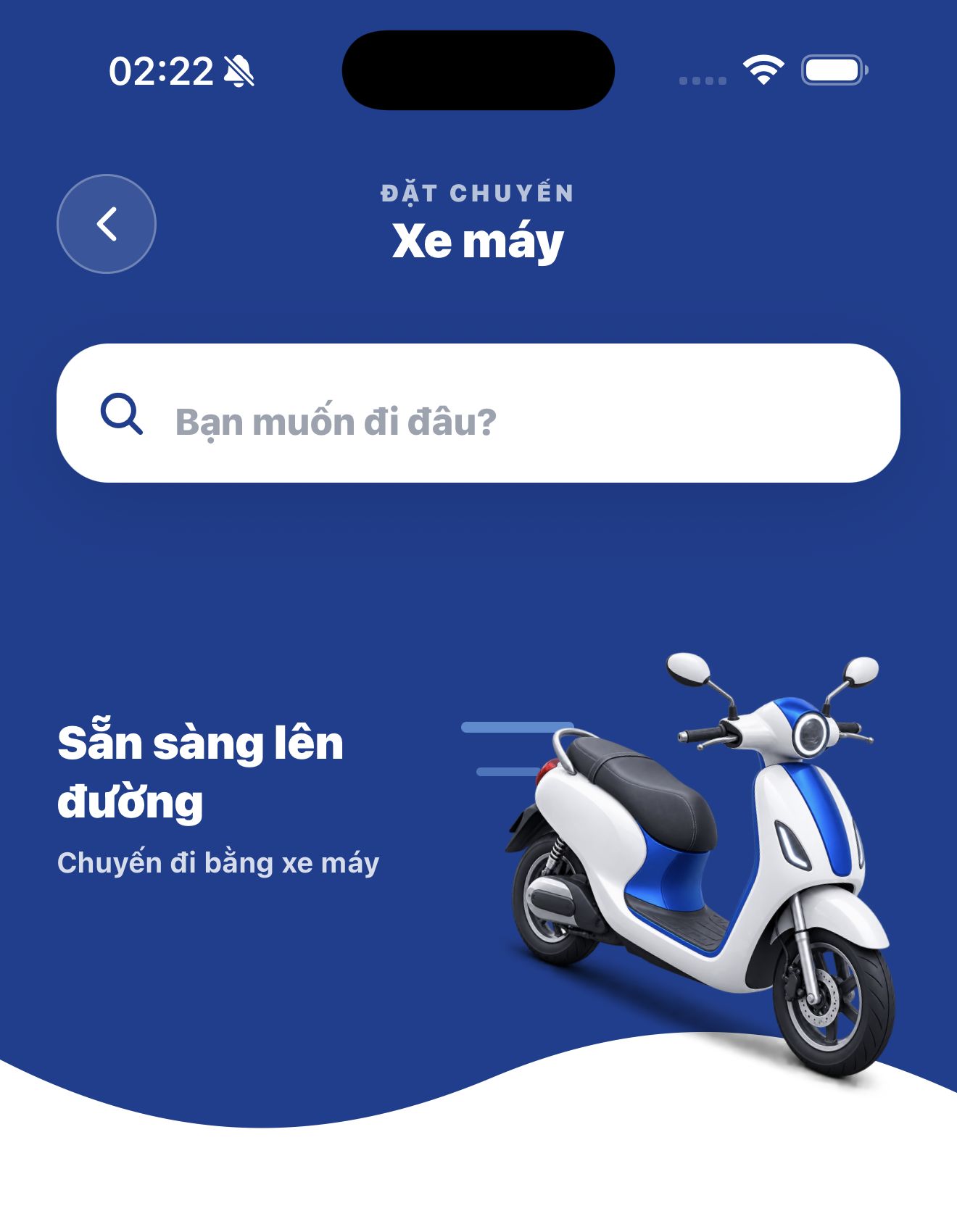 Phần đặt chuyến xe máy trên iPhone, với ô tìm điểm đến và hình xe máy 3D