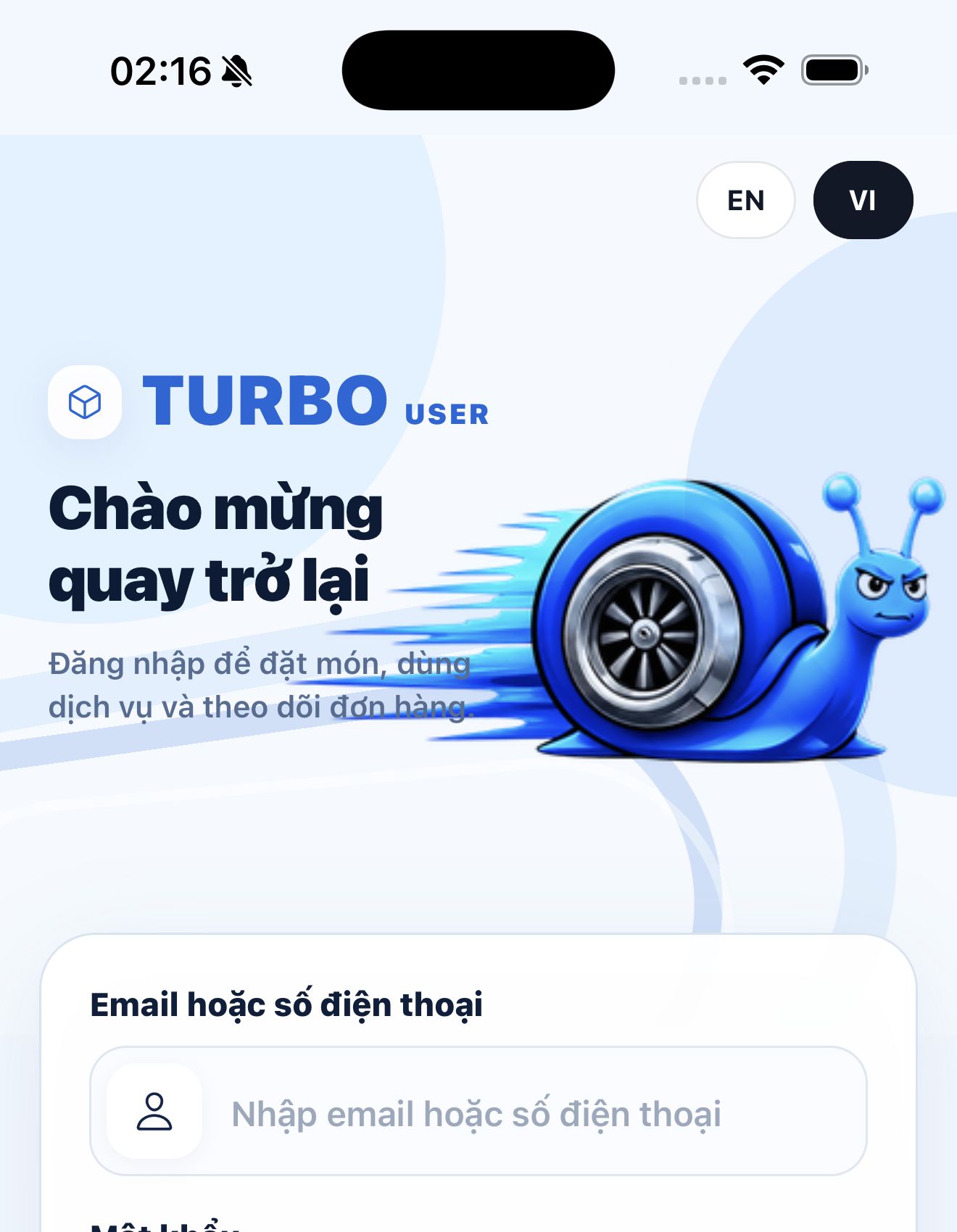 Màn hình chào mừng Turbo trên iPhone với linh vật ốc sên xanh